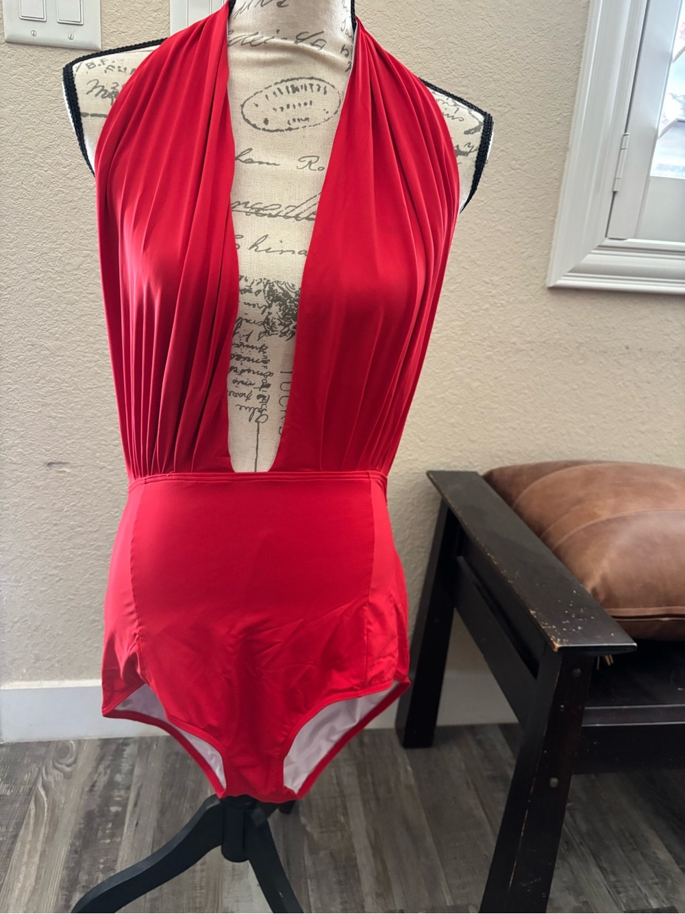 Plunge Halter One-Piece Swimsuit - Red